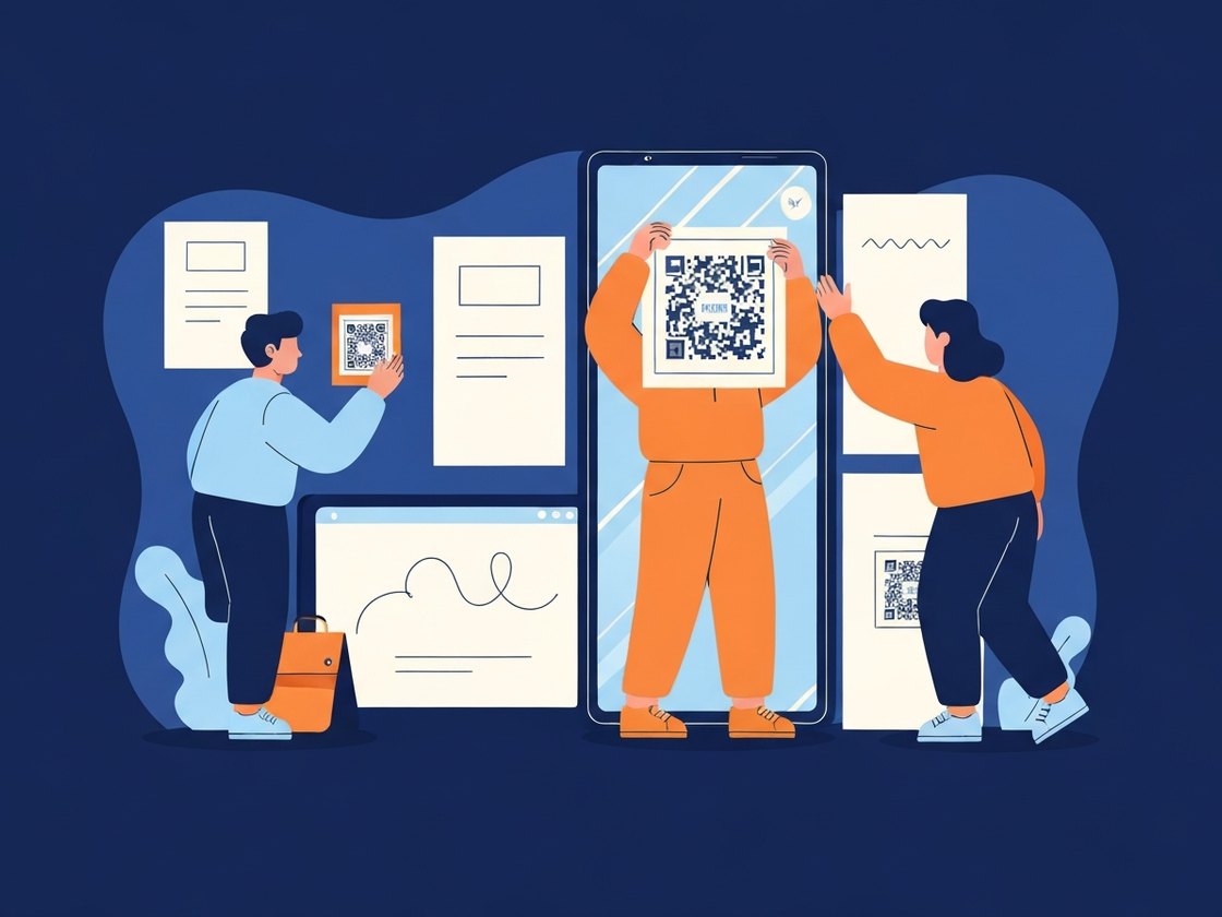 Illustration of a stylized QR code being scanned by a phone