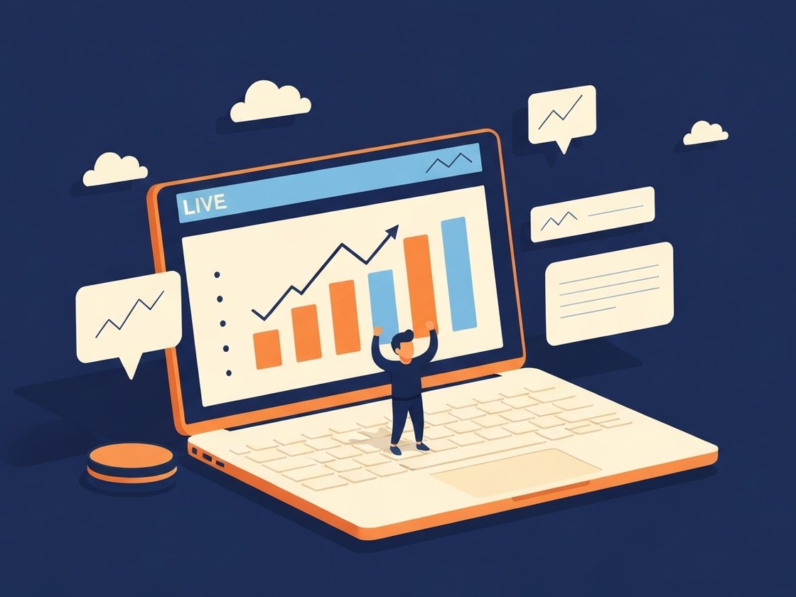 Illustration of a rising analytics dashboard with charts