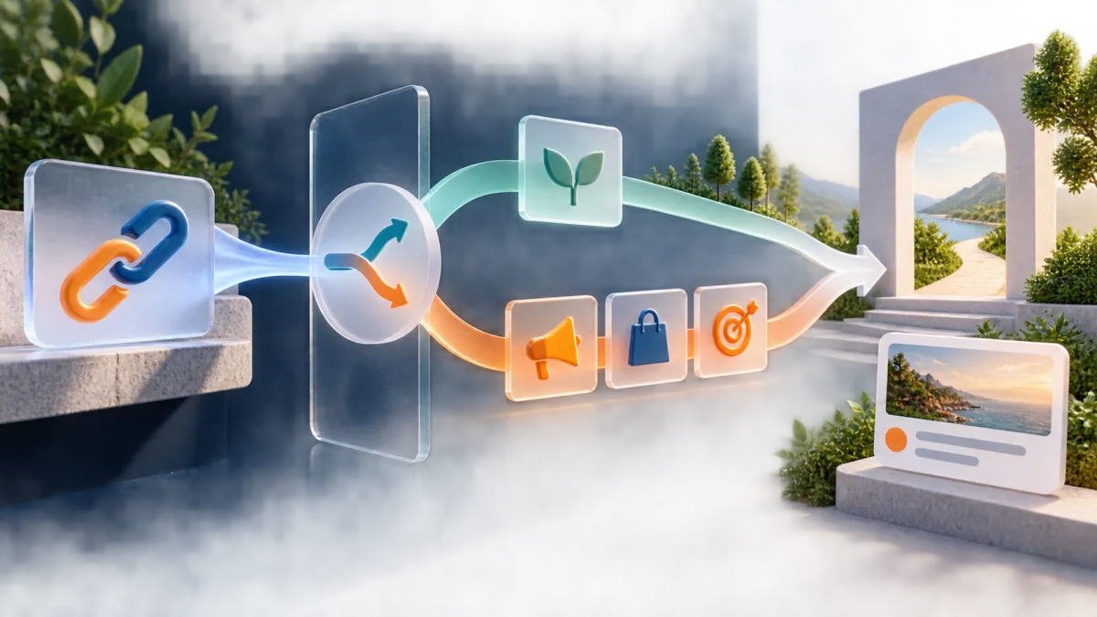Illustration of a branded redirect presenting a transparent consent choice before optional advertising signals, with both paths reaching the visible destination