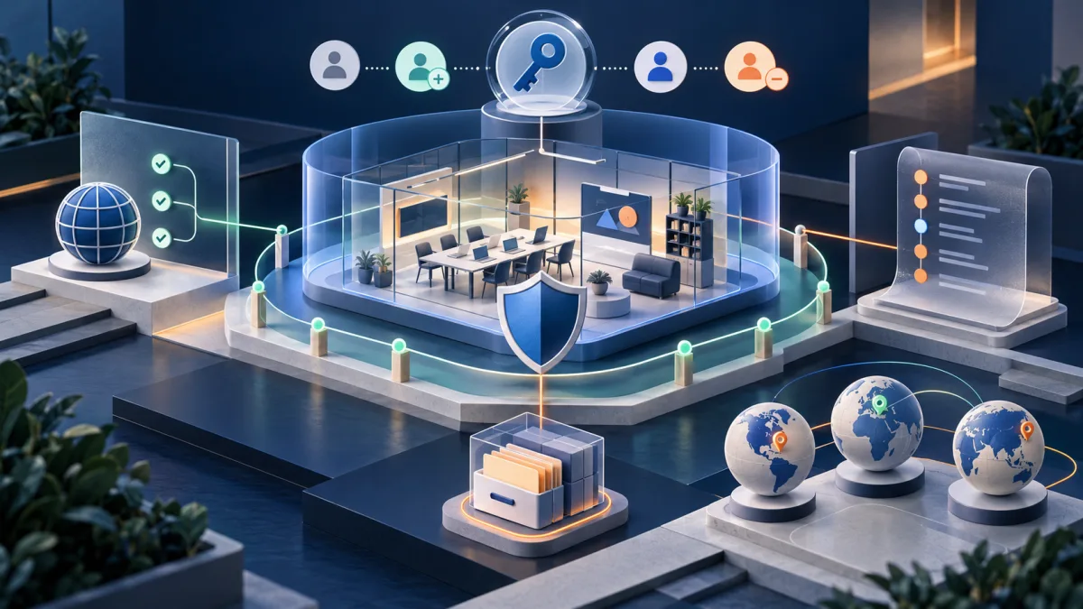 Illustration of a protected team workspace surrounded by identity, lifecycle, network, audit, retention, and regional policy controls