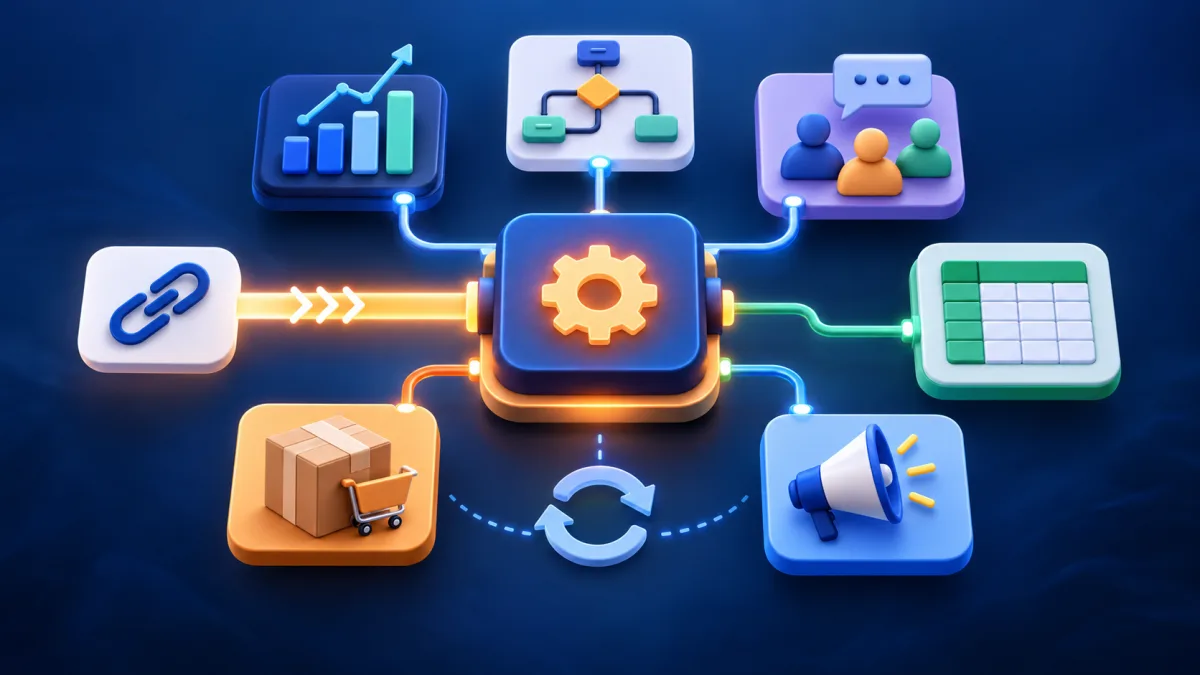 Illustration of a short-link event flowing through a reliable automation hub into analytics, messaging, spreadsheets, commerce, and publishing tools