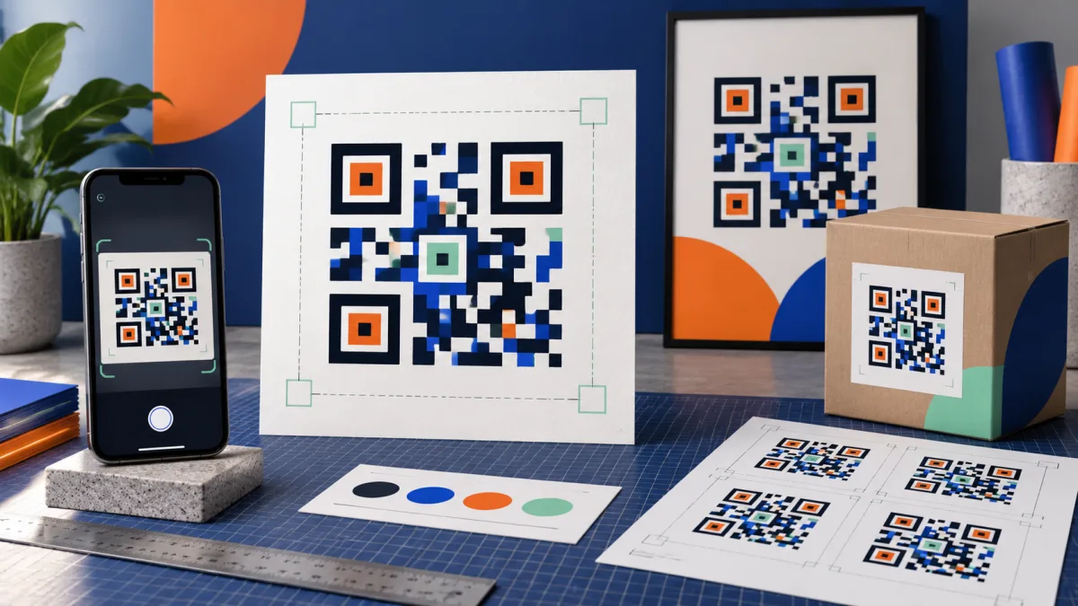 Illustration of a QR design being prepared for phone scanning, posters, packaging, and print sheets